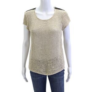 Kelly Wearstler Womens Beige Silk Cap Sleeve Round Neck Top Hook Loop Size S